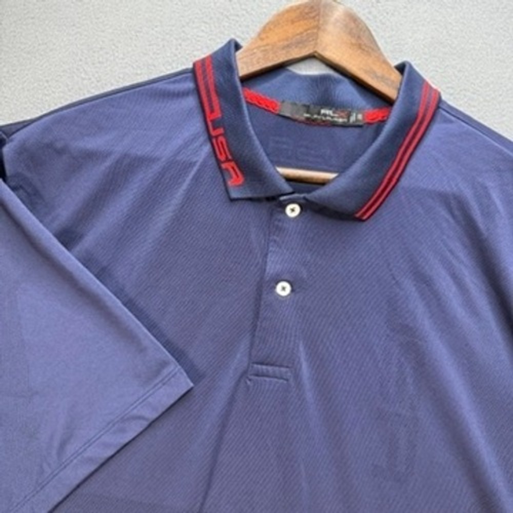 RLX Ralph Lauren Polo Shirt USA Golf Performance Regular XXL Blue 4th of July